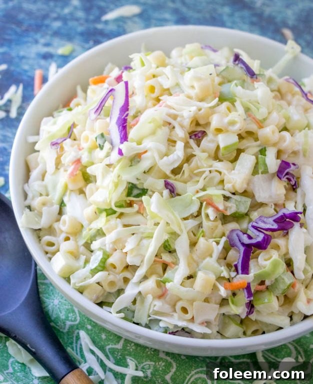 Colorful and creamy Macaroni Coleslaw Salad, an easy summer potluck recipe with pasta, vegetables, and apple.