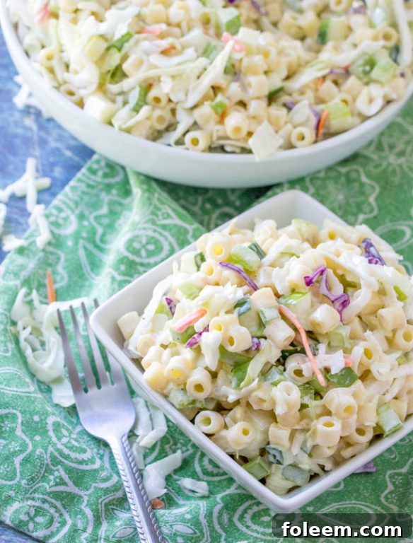 Fresh Macaroni Coleslaw Salad, packed with colorful vegetables and pasta, a unique blend of coleslaw and macaroni salad.