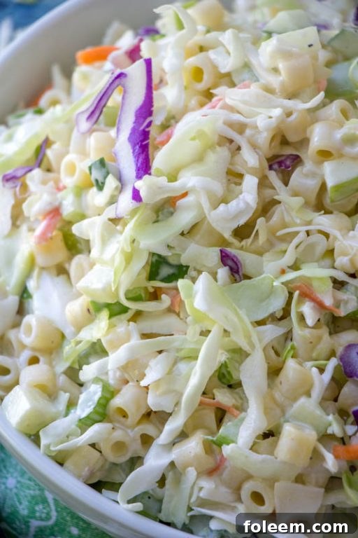 Vibrant Macaroni Coleslaw Salad with fresh veggies, crunchy apple, and tender pasta, ideal for any gathering.