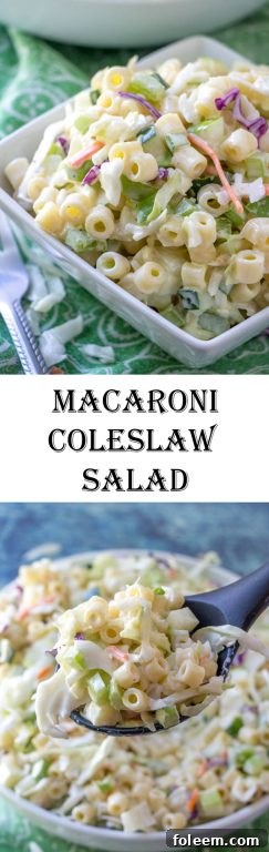Delicious Macaroni Coleslaw Salad with veggies, crunchy apple, and pasta, perfect for any holiday or BBQ.
