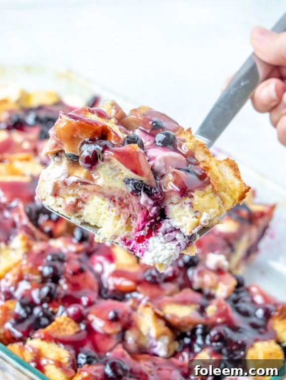 Simple, classic Overnight Blueberry French Toast Casserole is the perfect breakfast or brunch dish that makes for a beautiful presentation and tastes as good as it looks! This is great for an easy potluck recipe or a Christmas morning breakfast idea!
