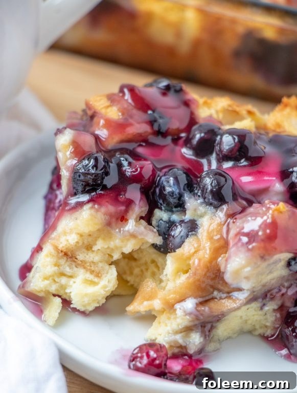 Easy, classic Overnight Blueberry French Toast Casserole is the perfect breakfast or brunch dish that makes for a beautiful presentation and tastes as good as it looks! This is great for an easy potluck recipe, dish to pass at a shower, or a holiday brunch or breakfast idea!