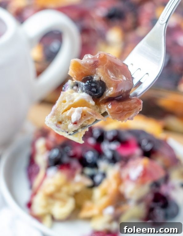 Easy, classic Overnight Blueberry French Toast Casserole is the perfect breakfast or brunch dish that makes for a beautiful presentation and tastes as good as it looks! This is great for an easy potluck recipe or a Christmas morning breakfast idea!