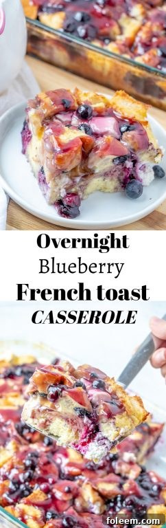 Classic Overnight Blueberry French Toast Casserole is the perfect breakfast or brunch dish that makes for a beautiful presentation and tastes as good as it looks! This is great for an easy potluck recipe, dish to pass at a shower, or a holiday breakfast idea!