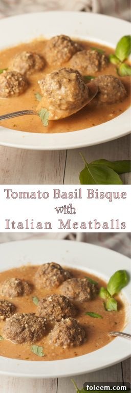 Simple Tomato Basil Bisque with Italian Meatballs is a smooth, rich bisque recipe for a comforting fall dinner idea!