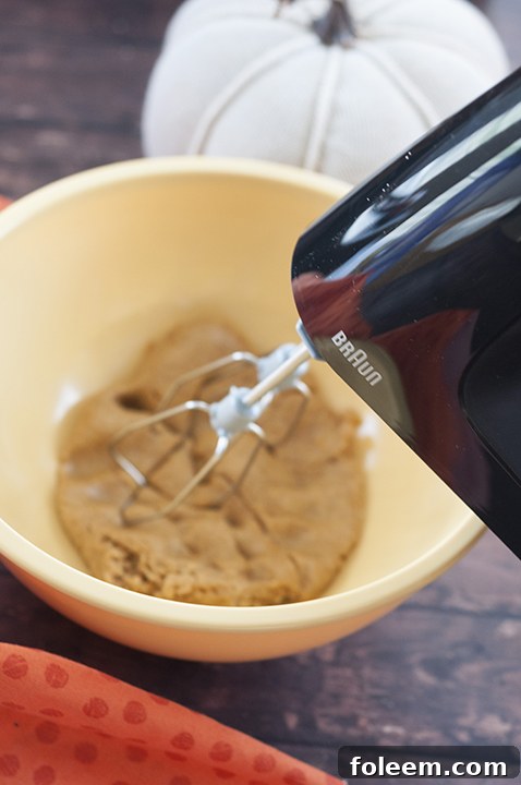 Soft, fluffy Pumpkin Snickerdoodles dough being mixed with the powerful Braun MultiMix 5 hand mixer.