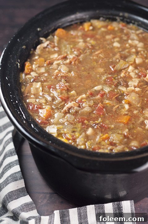 A vibrant close-up of Slow Cooker Sicilian Chicken Soup, showcasing chunks of chicken, diced vegetables, and pasta in a rich tomato-infused broth.