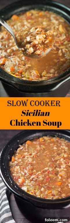 A top-down view of a serving of Slow Cooker Sicilian Chicken Soup, showing the vibrant ingredients.