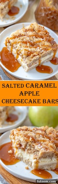 Easy Salted Caramel Apple Cheesecake Bars, a great fall baking recipe with a shortbread crust, cheesecake filling, and an irresistible streusel topping. The salted caramel drizzle makes these the perfect fall dessert, Thanksgiving dessert or Christmas dessert!