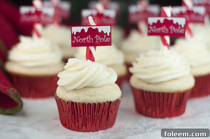 Close-up of a festive Snowy North Pole Cupcake, highlighting the sweet frosting and decorative elements.