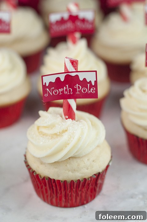 Decorated Snowy North Pole Cupcakes, ready to be enjoyed, showcasing the festive theme.