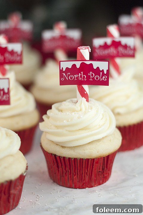 A close-up of a Snowy North Pole Cupcake, highlighting the intricate details of the decoration.