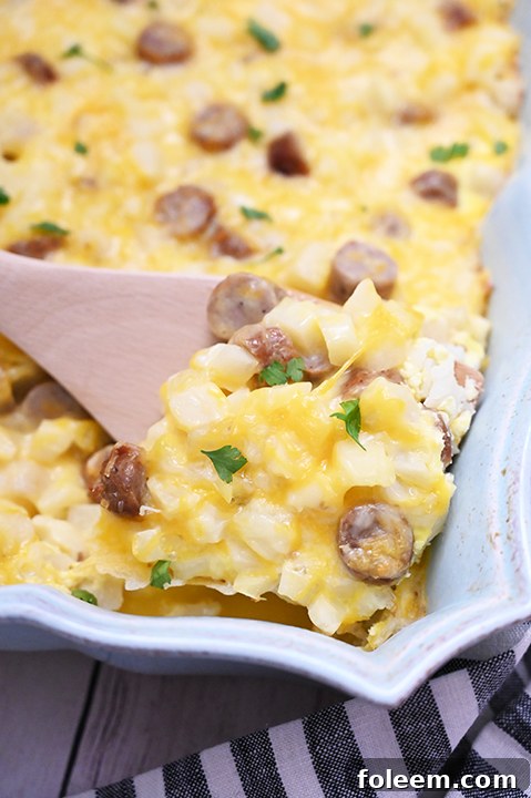 Cheesy Potato Sausage Breakfast Casserole served on a plate