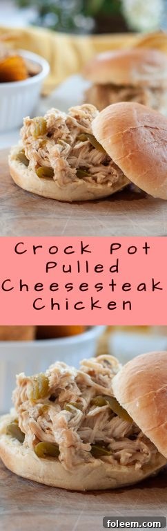 Another view of the Slow Cooker Pulled Cheesesteak Chicken, ready to be scooped onto buns for serving at a Super Bowl party or family dinner.