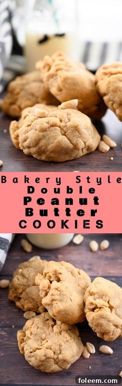 A close-up of a thick, chewy bakery style double peanut butter cookie with a gooey center, irresistible for any peanut butter fan, guaranteed to be a favorite among family and friends.