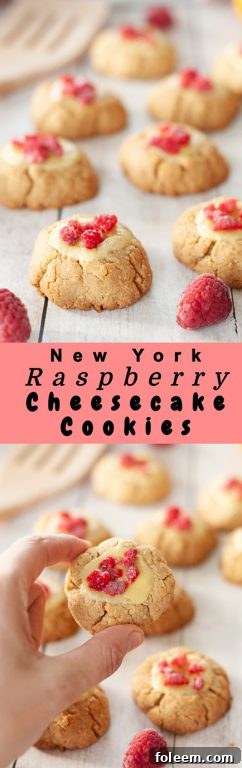 Easy New York Raspberry Cheesecake Cookies recipe perfect for Christmas, Valentine's Day, Easter dessery, Mother's Day dessert, or any holiday dessert! Your favorite dessert made into perfectly balanced sweet and tart cookies with fresh raspberries or other fruit on top!