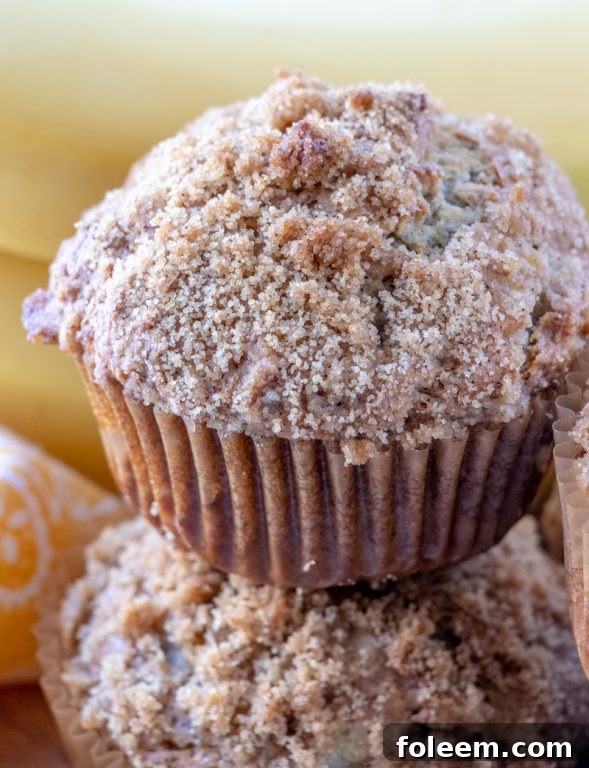 A single banana crumb muffin, perfectly baked, with a golden-brown exterior and a delightful crumb topping.
