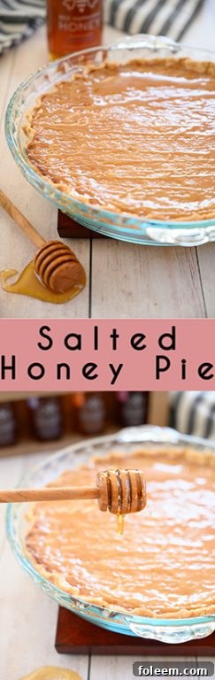 Close-up of a rustic Salted Honey Pie, highlighting the texture of the crust and the smooth, golden custard inside