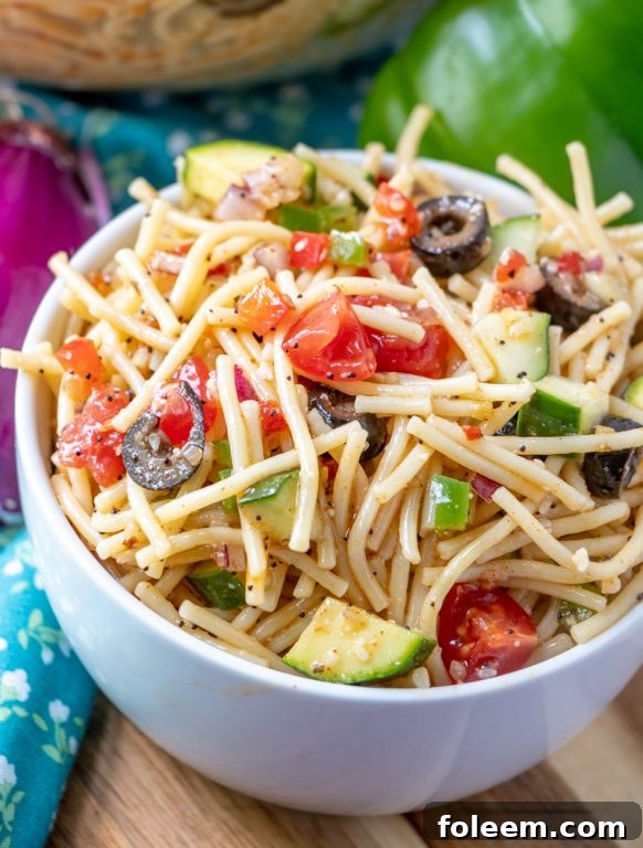 Labor Day, Memorial Day, 4th of July potluck or picnic easy side dish, California Spaghetti Salad with diverse textures, a great summer recipe.