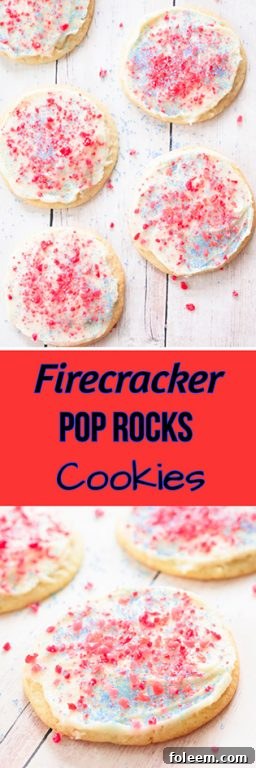Various Frosted Firecracker Pop Rocks Cookies arranged for a 4th of July celebration, ready to be enjoyed
