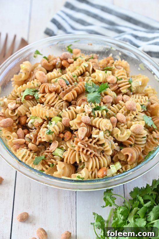 Delicious Sesame Pasta Salad recipe: pasta tossed in a sesame oil and soy sauce-based dressing with crunchy peanuts, perfect for summer picnics, BBQ, or potlucks!