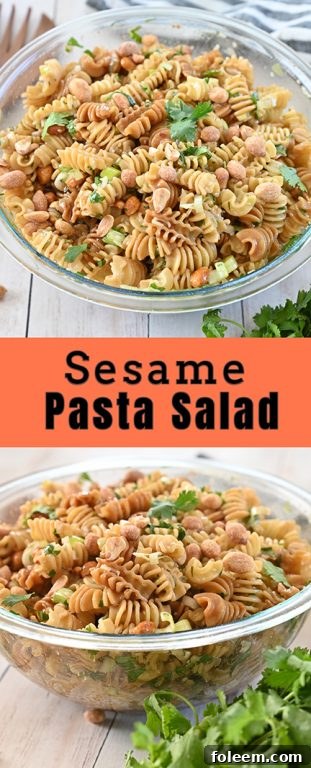 Delicious Sesame Pasta Salad recipe: pasta tossed in a sesame oil and soy sauce-based dressing is a refreshing, Asian-inspired side dish perfect for holidays, picnics, BBQ, or potlucks!