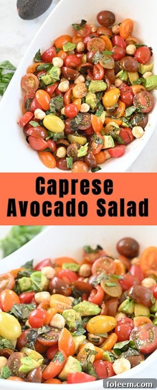 Light, refreshing, healthy Caprese Avocado Salad recipe packed with fresh mozzarella cheese is a quick and easy dinner idea or side dish idea in a salad! This is great for any picnic, holiday, or BBQ!