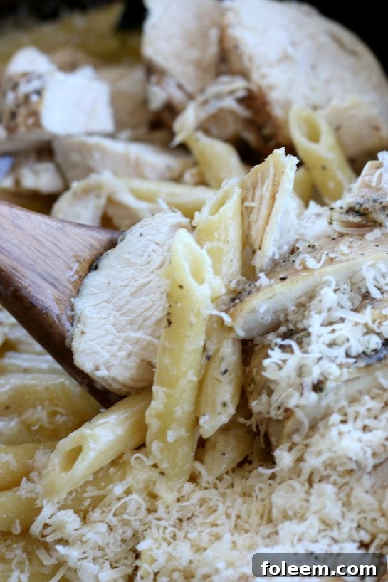 Close up view of crock pot chicken alfredo that was cooked in a slow cooker.