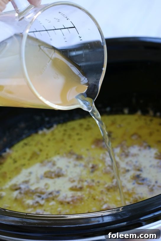 Pouring chicken broth into a crockpot to finish a chicken in alfrdo sauce.