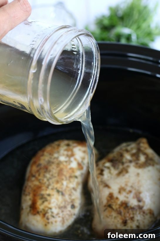 Pouring chicken stock into a crockpot to add flavor to the chicken in alfrdo sauce.