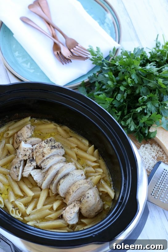 Overhead view of Chicken Alfredo we made in a crock pot along side a bunch of fresh flat leaf parsley.