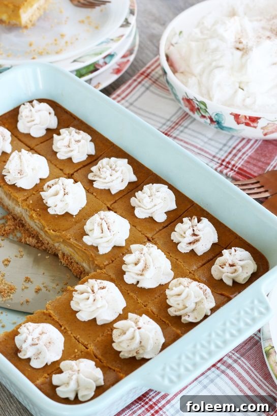 A pan of pumpkin cheesecake bars with a few servings removed.