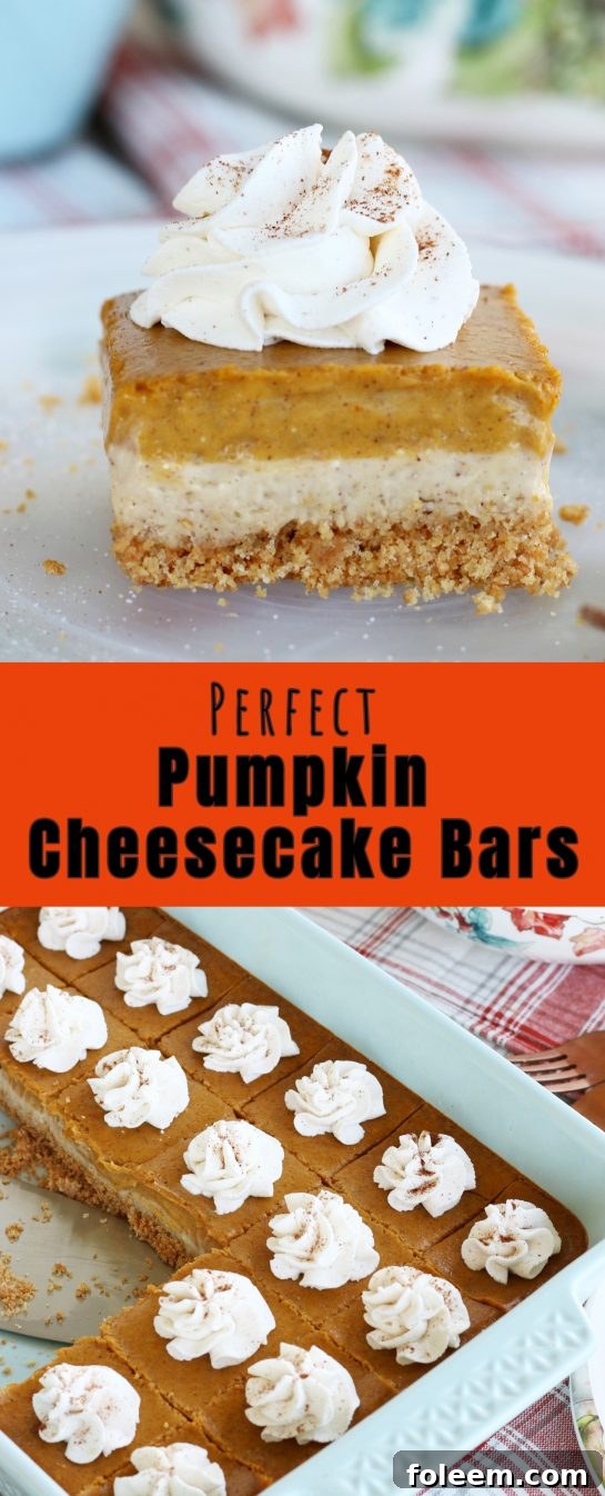 This amazing perfect pumpkin cheesecake bars recipe has buttery graham cracker crust, a cream cheese layer and a pumpkin cream cheese layer! A great fall and Thanksgiving dessert idea!