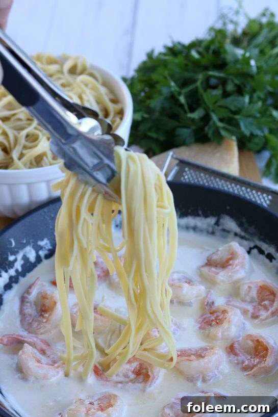 The garlic butter sauce is finished. The next step in how to cook shrimp with garlic sauce is to add the pasta, shown here!