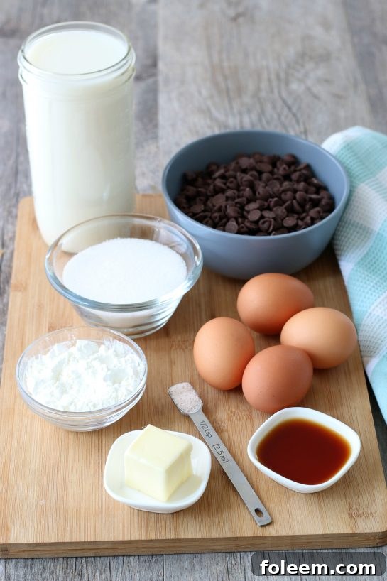 A vibrant flat lay showcasing all the essential ingredients meticulously arranged for making a delicious homemade chocolate pie, ready for baking.