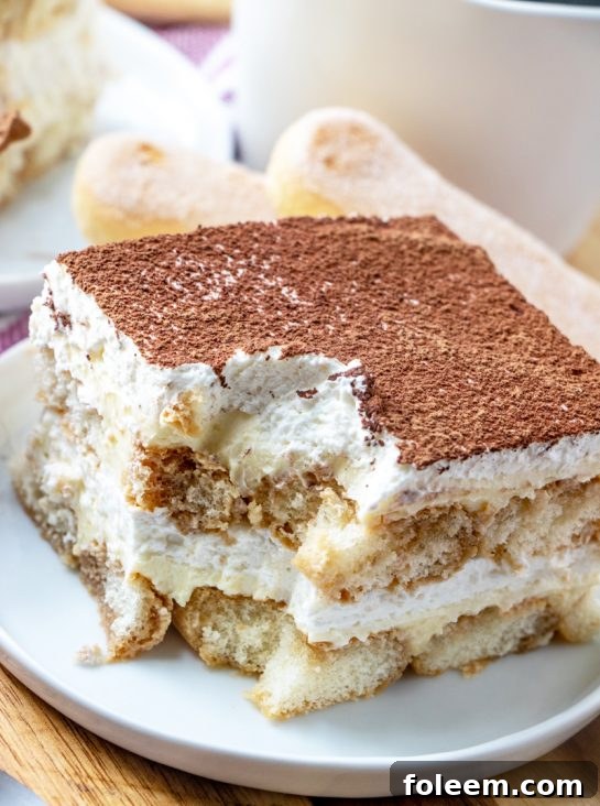 Overhead view of a traditional Grandma's Tiramisu, highlighting its rich, creamy texture and distinct layers before serving.