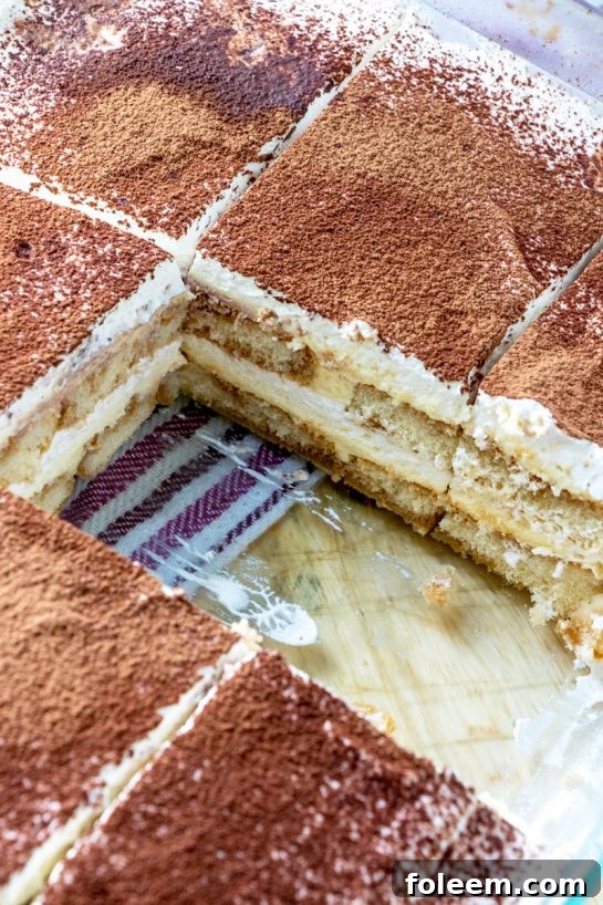 Close-up of the Tiramisu layers, showing the cocoa powder dusting and the luscious cream in a traditional baking dish.