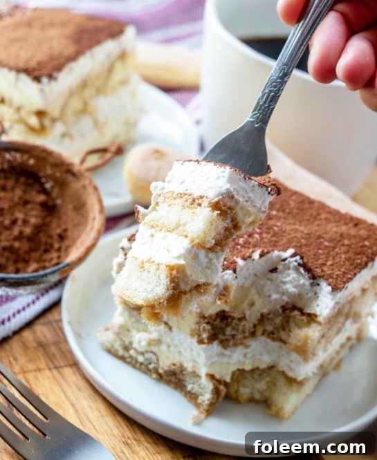 A generous serving of Grandma's Tiramisu on a white plate, ready to be enjoyed, with rich cocoa powder on top.