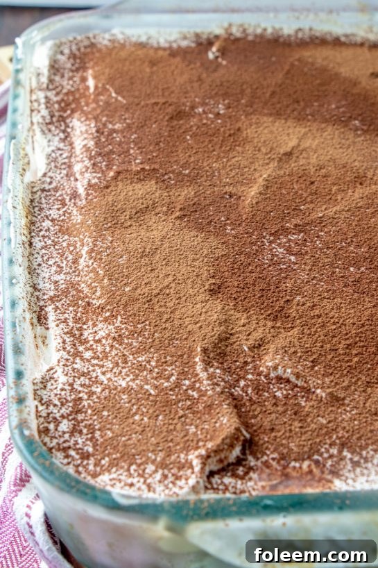 Multiple layers of Tiramisu visible in a glass baking dish, showing the contrast between coffee-soaked ladyfingers and creamy white filling.