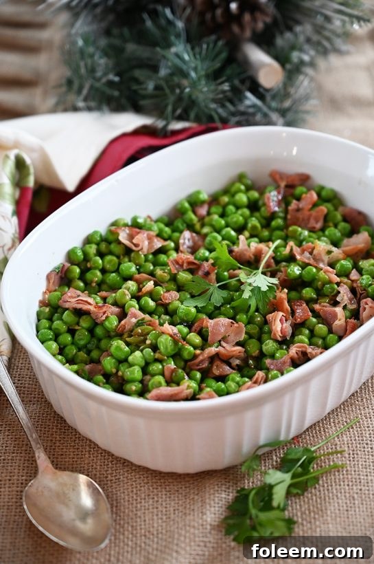 Peas with Prosciutto recipe, an easy and flavorful side dish for any meal. Rich with salty prosciutto and its rendered fat.