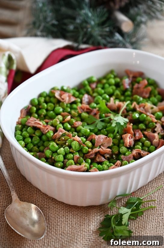 Easy Peas with Prosciutto, a versatile 20-minute side dish perfect for weeknights and holiday feasts. Enhanced by salty prosciutto and its rendered fat.