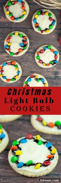 A creative close-up of Christmas Light Bulb Cookies made with mini M&M's, ideal for a festive, kid-friendly holiday baking project that truly impresses.