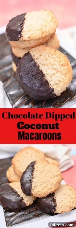 A tantalizing view of Chocolate Dipped Coconut Macaroons, showcasing their perfect texture and rich chocolate coating, an easy recipe for Christmas.