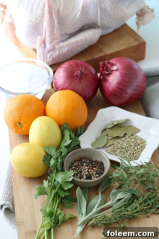 All the essential ingredients neatly laid out, preparing for the turkey brine recipe.