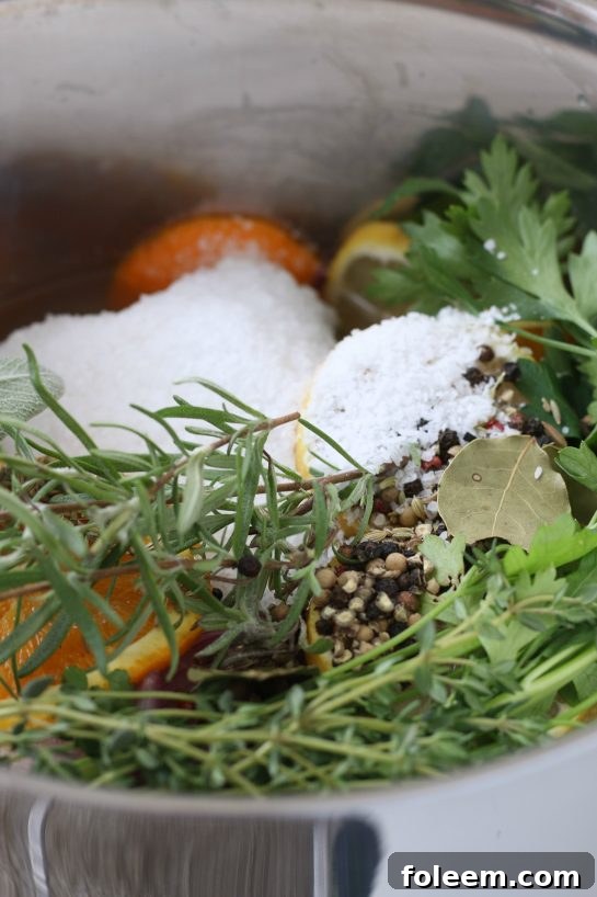 An up-close view of the simmering brine solution, ready to infuse the turkey with flavor.