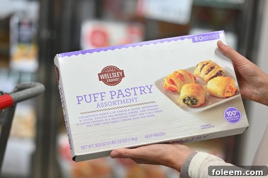 Close-up of Wellsley Farms Puff Pastry Assortment, featuring various fillings like cheese and spinach