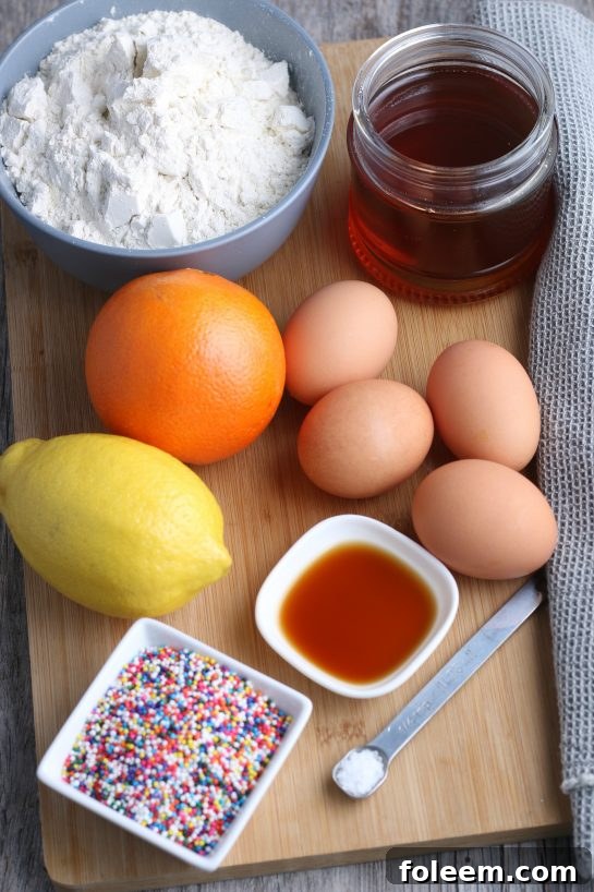All the ingredients needed for making struffoli recipe before we begin the process.
