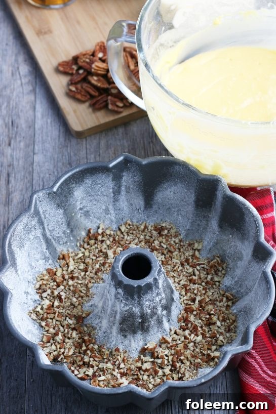 Here we see the bundt pan prepared and ready for our rum soaked cake batter!
