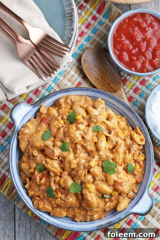 A top-down view of a large bowl filled with appetizing slow cooker taco pasta, ready to be served or shared at the dinner table.