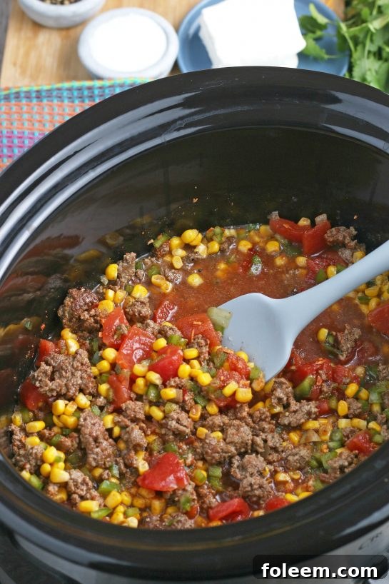 All the initial ingredients for the taco pasta recipe are mixed together in the slow cooker, ready for the cooking process.